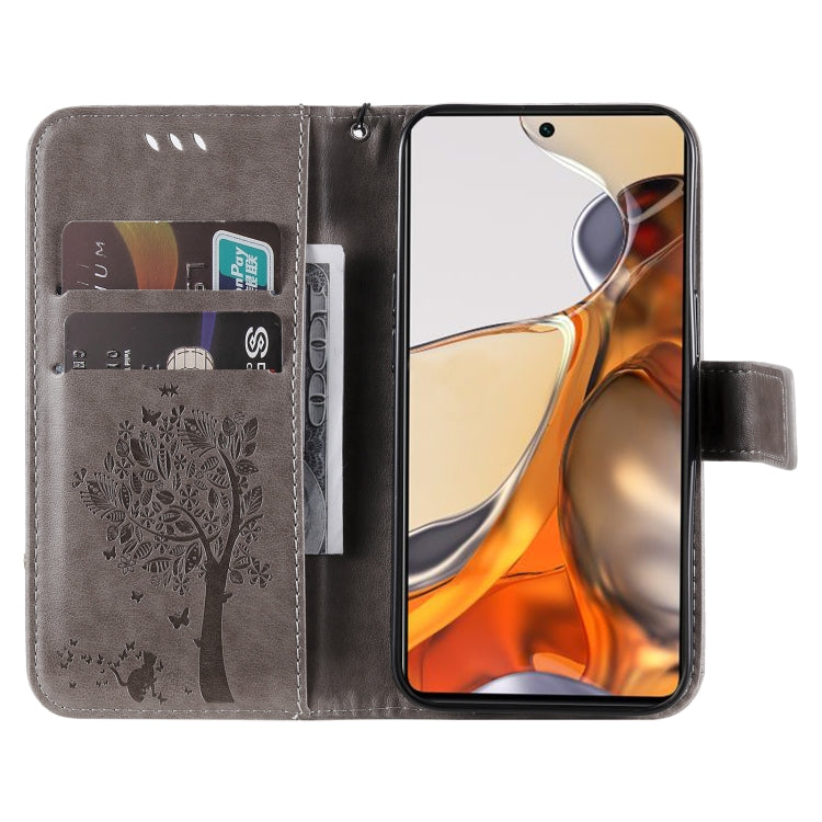 For Xiaomi 11T / 11T Pro Tree & Cat Embossing Pattern Horizontal Flip PU Leather Case with Holder & Card Slots & Wallet & Lanyard