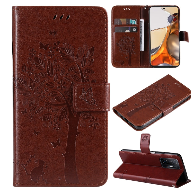 For Xiaomi 11T / 11T Pro Tree & Cat Embossing Pattern Horizontal Flip PU Leather Case with Holder & Card Slots & Wallet & Lanyard