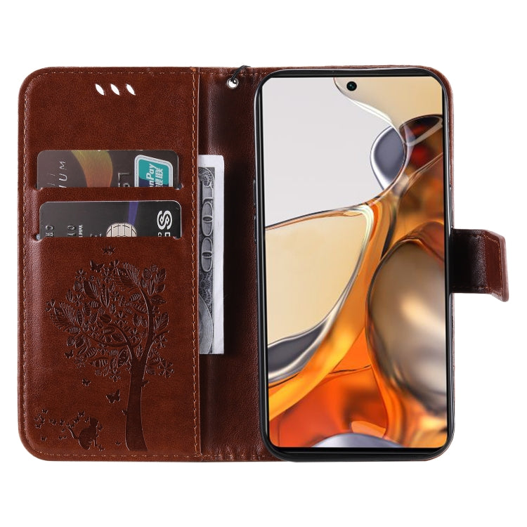 For Xiaomi 11T / 11T Pro Tree & Cat Embossing Pattern Horizontal Flip PU Leather Case with Holder & Card Slots & Wallet & Lanyard