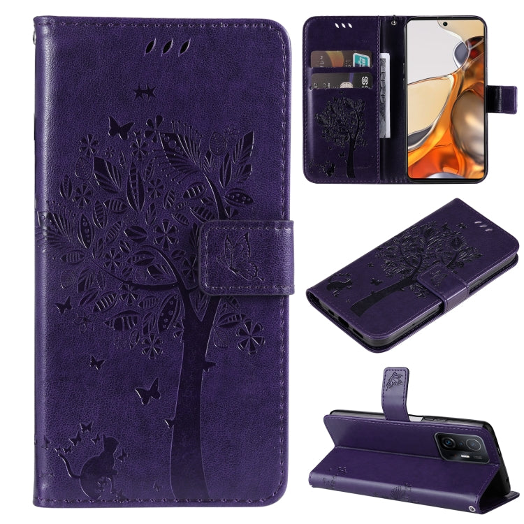 For Xiaomi 11T / 11T Pro Tree & Cat Embossing Pattern Horizontal Flip PU Leather Case with Holder & Card Slots & Wallet & Lanyard