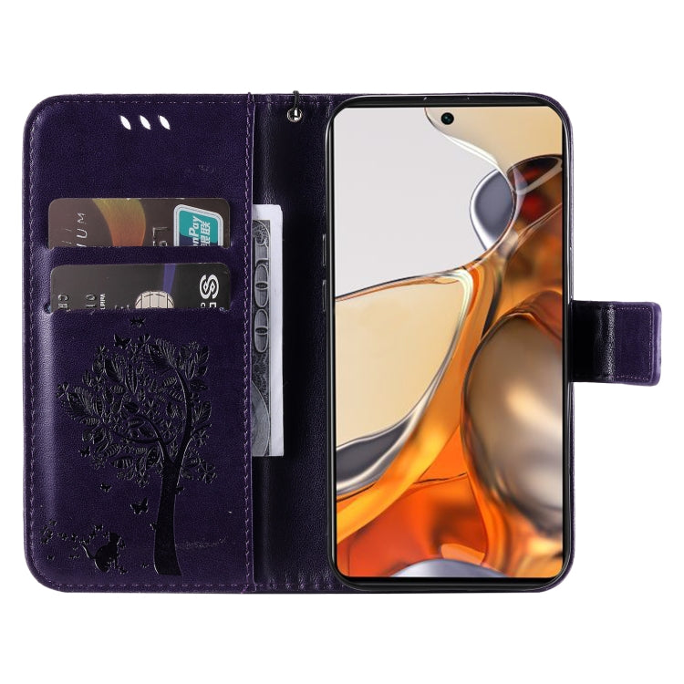 For Xiaomi 11T / 11T Pro Tree & Cat Embossing Pattern Horizontal Flip PU Leather Case with Holder & Card Slots & Wallet & Lanyard