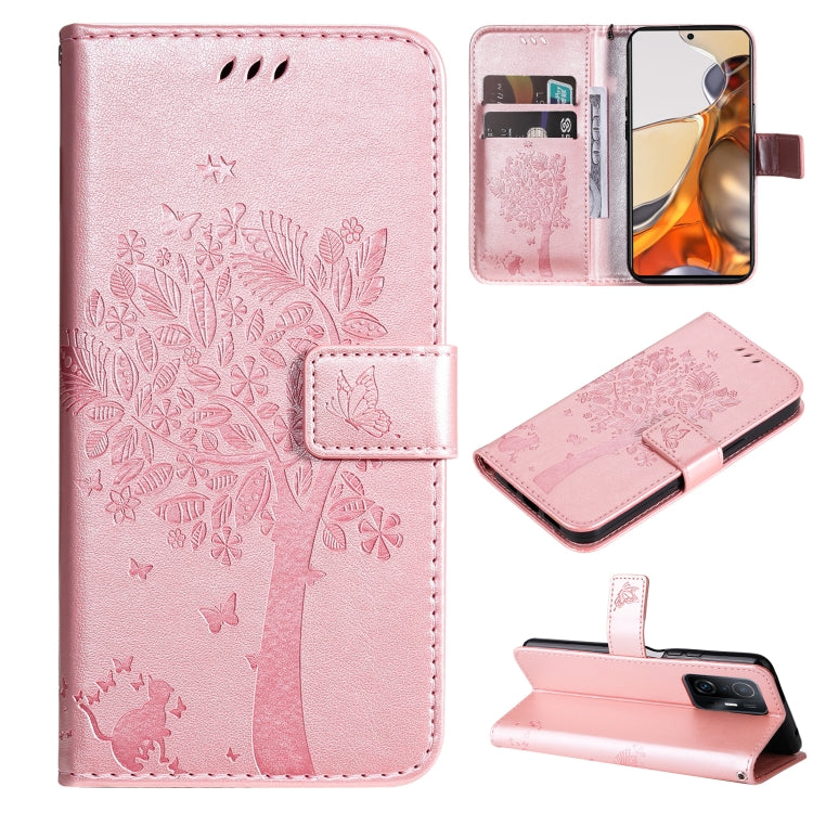 For Xiaomi 11T / 11T Pro Tree & Cat Embossing Pattern Horizontal Flip PU Leather Case with Holder & Card Slots & Wallet & Lanyard