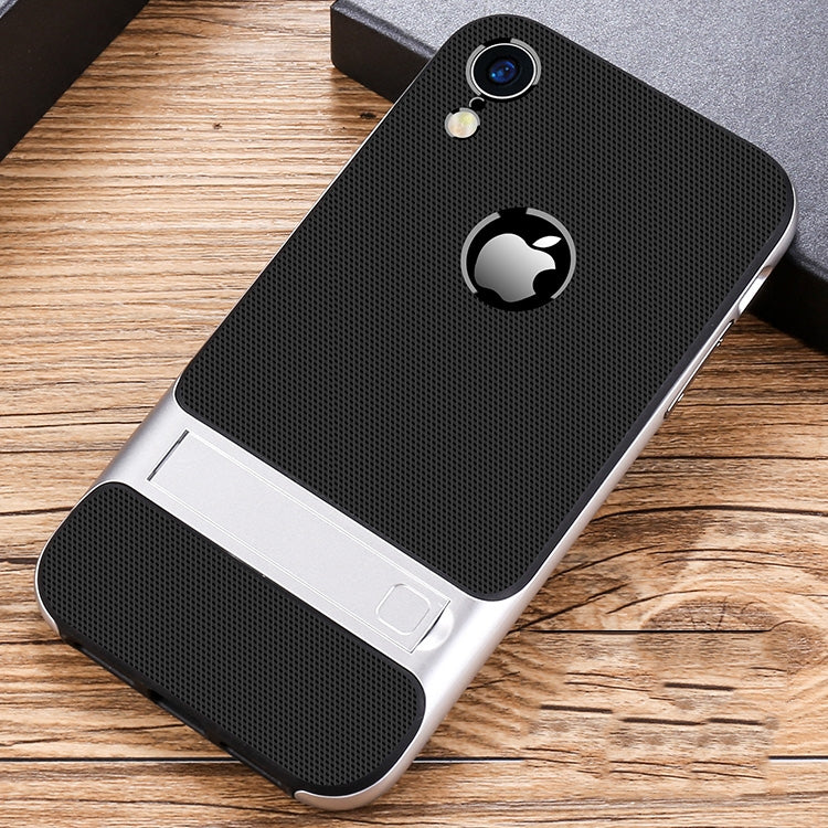 For iPhone XR Plaid Texture Non-slip TPU + PC Case with Holder
