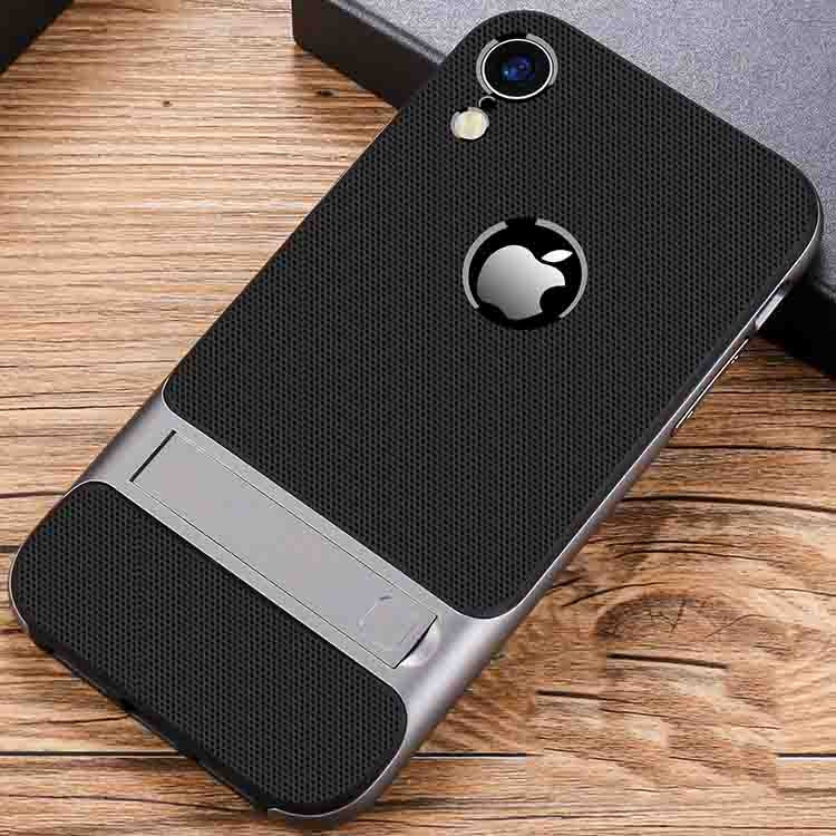 For iPhone XR Plaid Texture Non-slip TPU + PC Case with Holder