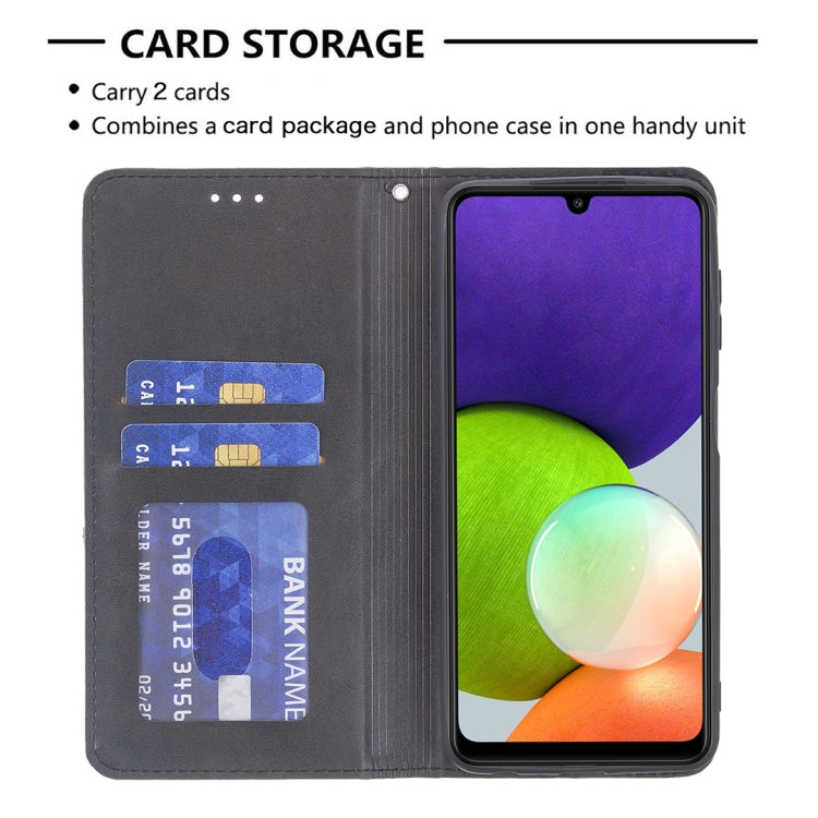 For Samsung Galaxy A22 4G Rhombus Texture Horizontal Flip Magnetic Leather Phone Case with Holder & Card Slots