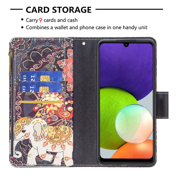 For Samsung Galaxy A22 4G Colored Drawing Pattern Zipper Horizontal Flip Leather Phone Case with Holder & Card Slots & Wallet