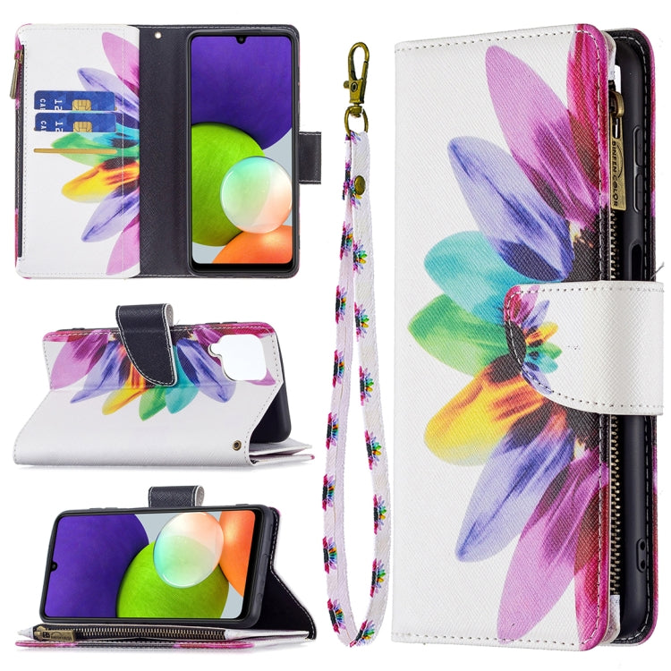 For Samsung Galaxy A22 4G Colored Drawing Pattern Zipper Horizontal Flip Leather Phone Case with Holder & Card Slots & Wallet