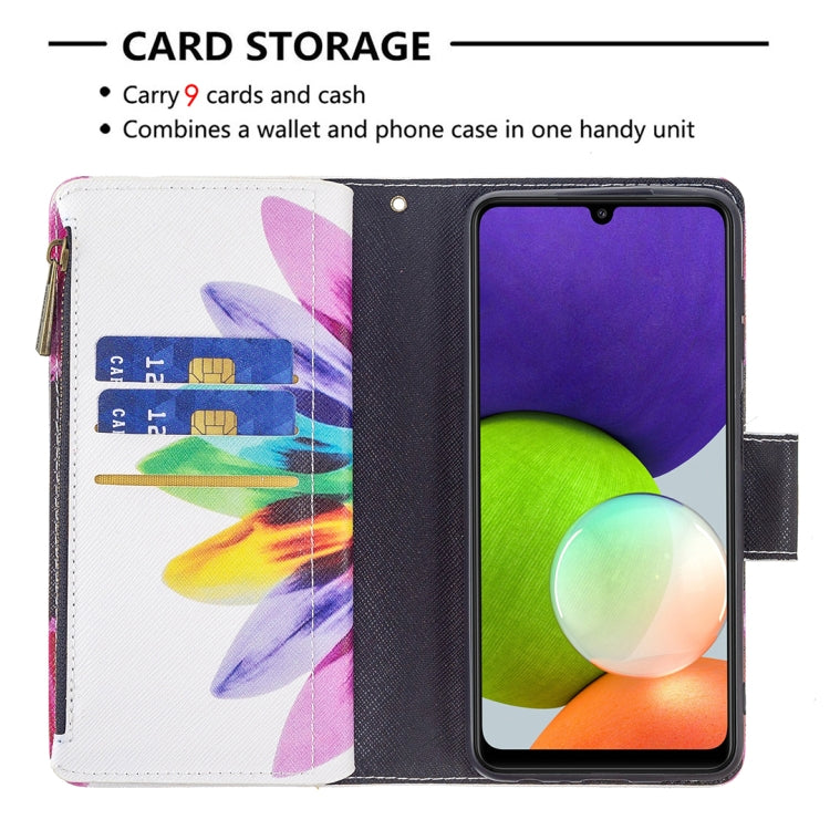 For Samsung Galaxy A22 4G Colored Drawing Pattern Zipper Horizontal Flip Leather Phone Case with Holder & Card Slots & Wallet