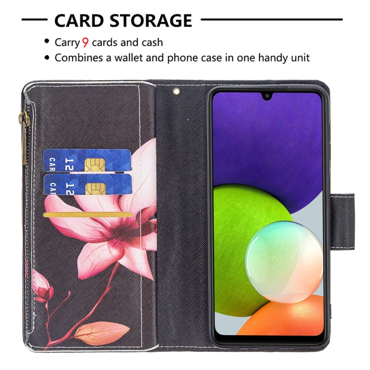 For Samsung Galaxy A22 4G Colored Drawing Pattern Zipper Horizontal Flip Leather Phone Case with Holder & Card Slots & Wallet