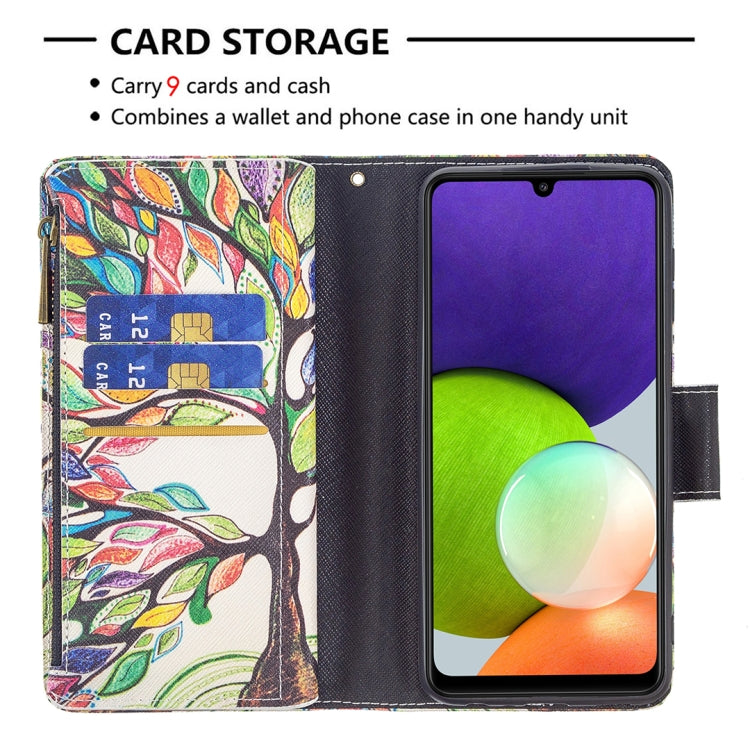 For Samsung Galaxy A22 4G Colored Drawing Pattern Zipper Horizontal Flip Leather Phone Case with Holder & Card Slots & Wallet