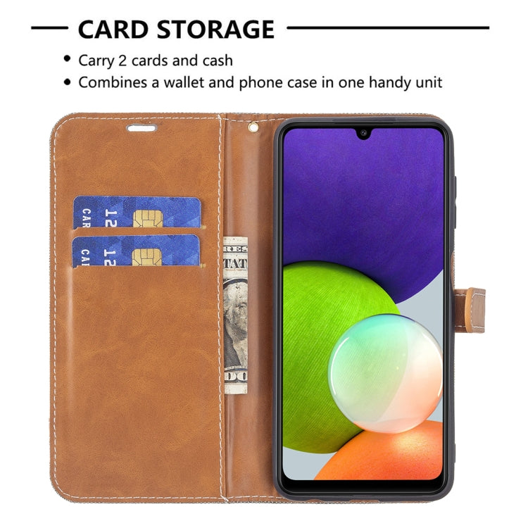 For Samsung Galaxy A22 4G Color Matching Denim Texture Horizontal Flip Leather Phone Case with Holder & Card Slots & Wallet & Lanyard