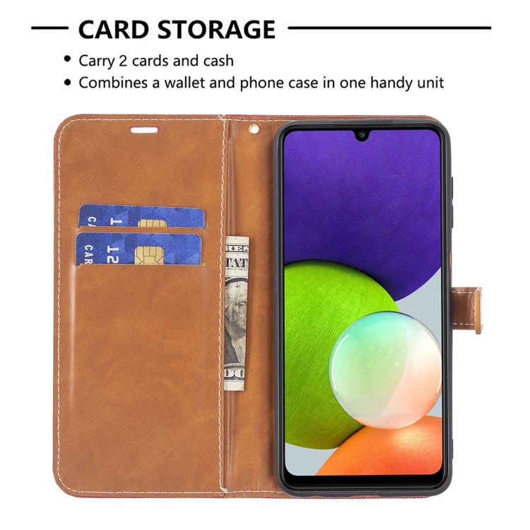 For Samsung Galaxy A22 4G Color Matching Denim Texture Horizontal Flip Leather Phone Case with Holder & Card Slots & Wallet & Lanyard