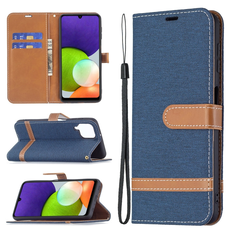 For Samsung Galaxy A22 4G Color Matching Denim Texture Horizontal Flip Leather Phone Case with Holder & Card Slots & Wallet & Lanyard