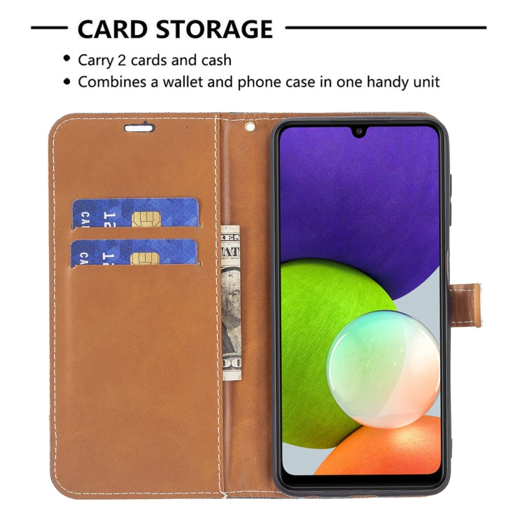 For Samsung Galaxy A22 4G Color Matching Denim Texture Horizontal Flip Leather Phone Case with Holder & Card Slots & Wallet & Lanyard