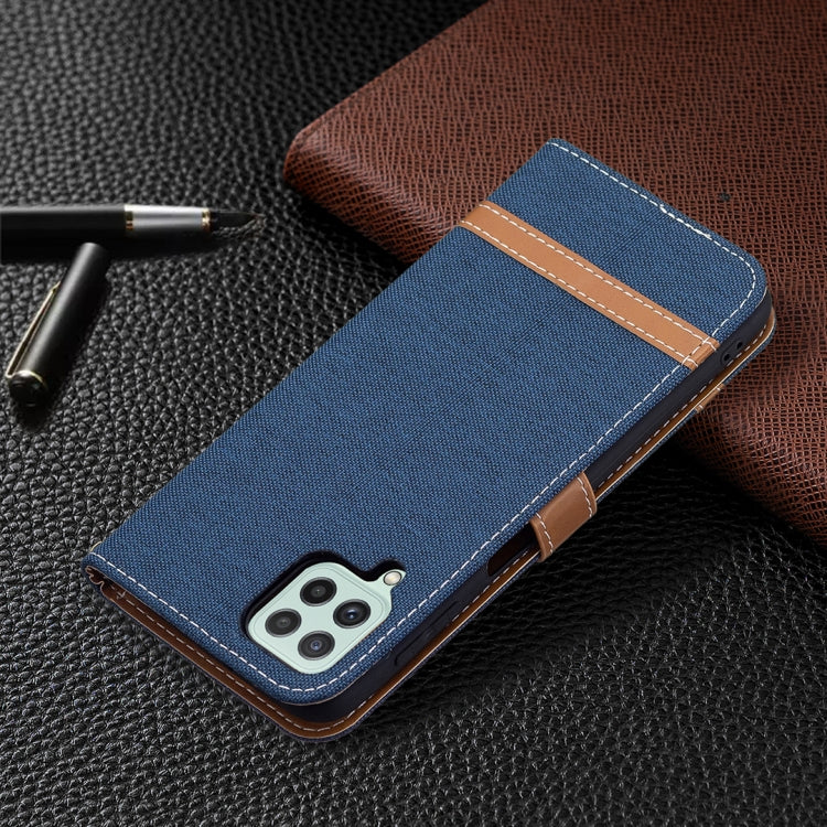 For Samsung Galaxy A22 4G Color Matching Denim Texture Horizontal Flip Leather Phone Case with Holder & Card Slots & Wallet & Lanyard