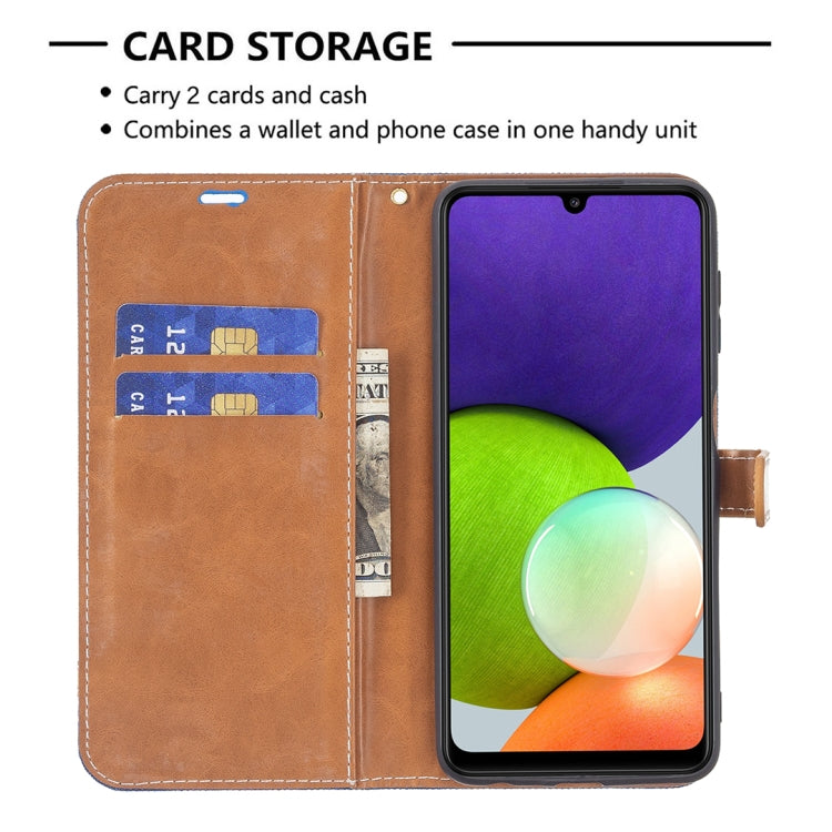 For Samsung Galaxy A22 4G Color Matching Denim Texture Horizontal Flip Leather Phone Case with Holder & Card Slots & Wallet & Lanyard