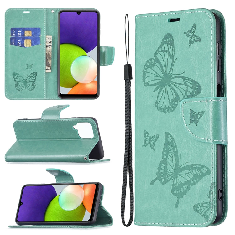 For Samsung Galaxy A22 4G Embossing Two Butterflies Pattern Horizontal Flip Leather Phone Case with Holder & Card Slot & Wallet & Lanyard