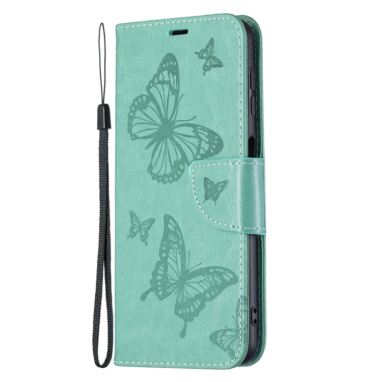 For Samsung Galaxy A22 4G Embossing Two Butterflies Pattern Horizontal Flip Leather Phone Case with Holder & Card Slot & Wallet & Lanyard