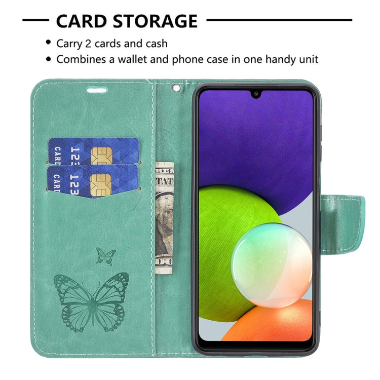 For Samsung Galaxy A22 4G Embossing Two Butterflies Pattern Horizontal Flip Leather Phone Case with Holder & Card Slot & Wallet & Lanyard