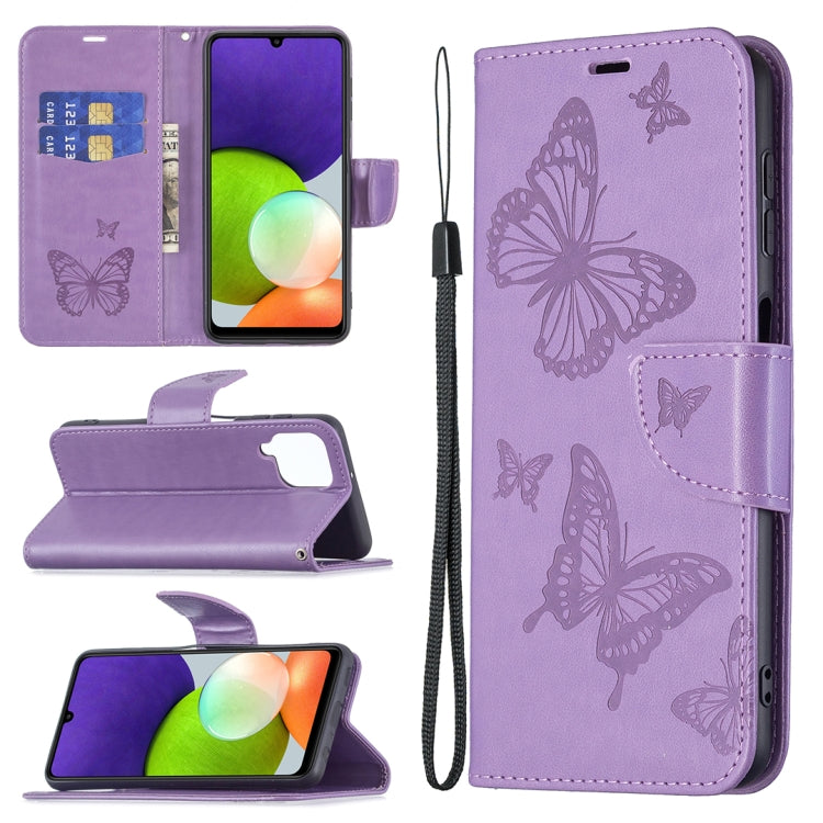 For Samsung Galaxy A22 4G Embossing Two Butterflies Pattern Horizontal Flip Leather Phone Case with Holder & Card Slot & Wallet & Lanyard