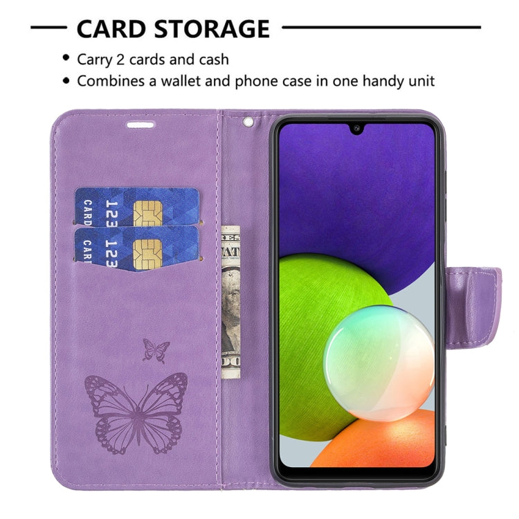 For Samsung Galaxy A22 4G Embossing Two Butterflies Pattern Horizontal Flip Leather Phone Case with Holder & Card Slot & Wallet & Lanyard