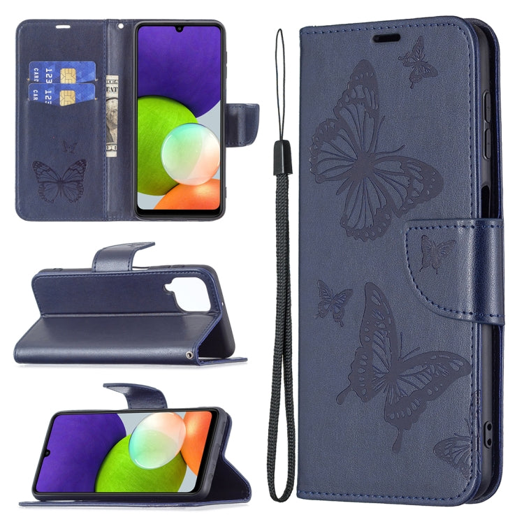 For Samsung Galaxy A22 4G Embossing Two Butterflies Pattern Horizontal Flip Leather Phone Case with Holder & Card Slot & Wallet & Lanyard