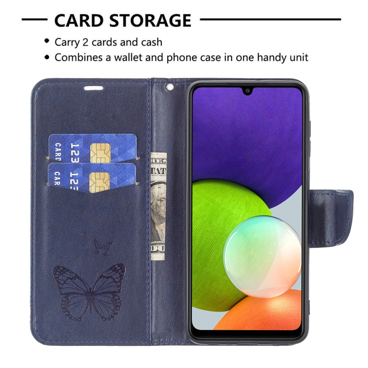 For Samsung Galaxy A22 4G Embossing Two Butterflies Pattern Horizontal Flip Leather Phone Case with Holder & Card Slot & Wallet & Lanyard