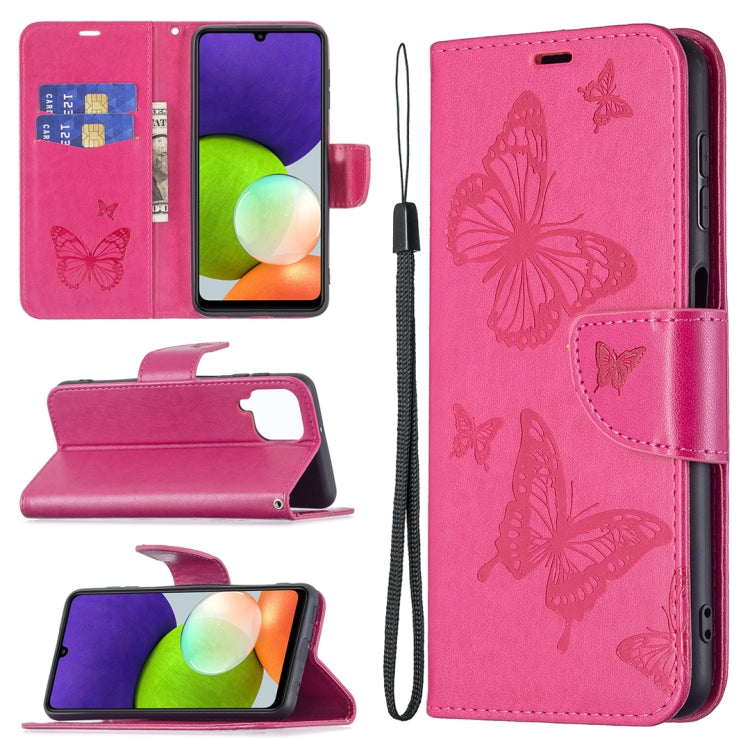For Samsung Galaxy A22 4G Embossing Two Butterflies Pattern Horizontal Flip Leather Phone Case with Holder & Card Slot & Wallet & Lanyard