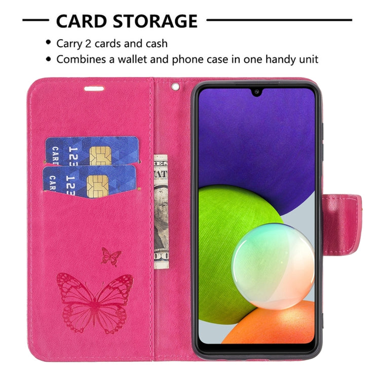 For Samsung Galaxy A22 4G Embossing Two Butterflies Pattern Horizontal Flip Leather Phone Case with Holder & Card Slot & Wallet & Lanyard