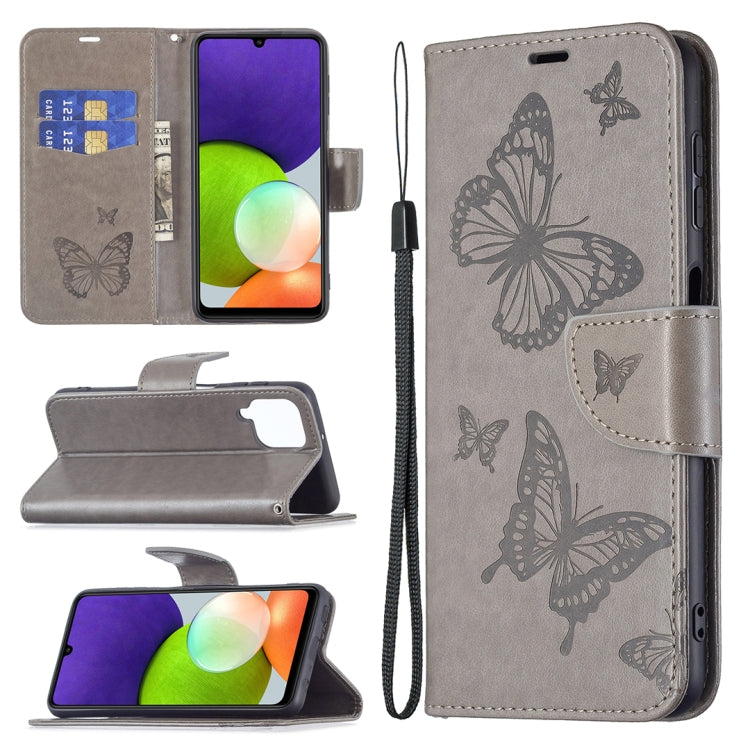 For Samsung Galaxy A22 4G Embossing Two Butterflies Pattern Horizontal Flip Leather Phone Case with Holder & Card Slot & Wallet & Lanyard