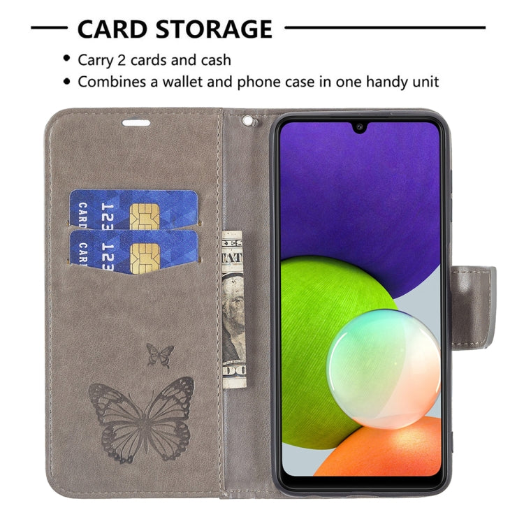 For Samsung Galaxy A22 4G Embossing Two Butterflies Pattern Horizontal Flip Leather Phone Case with Holder & Card Slot & Wallet & Lanyard