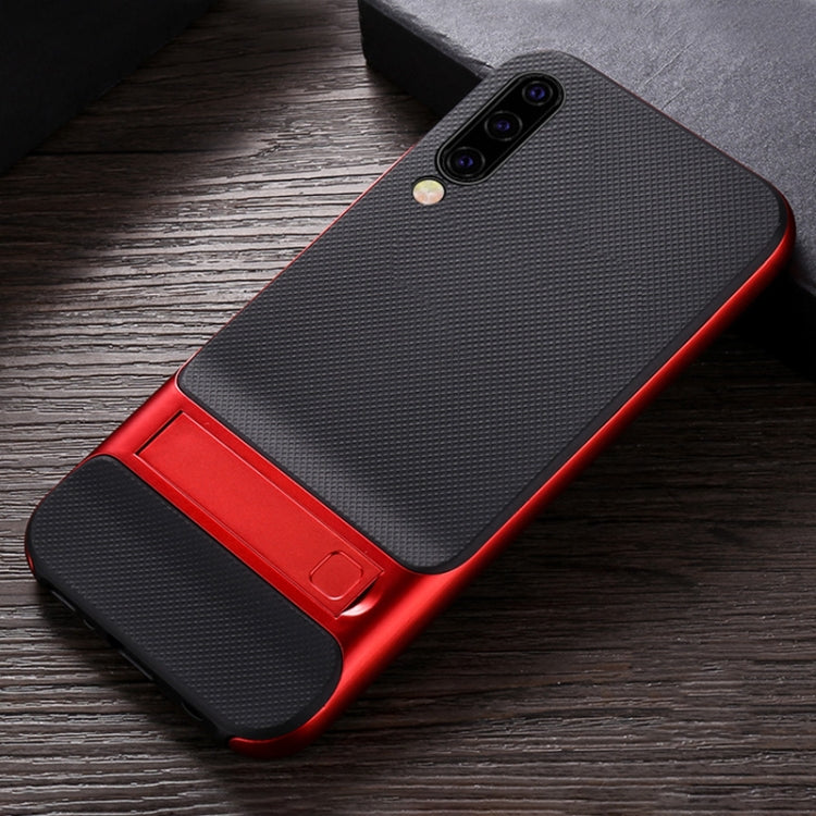 For Galaxy A50 Plaid Texture Non-slip TPU + PC Case with Holder