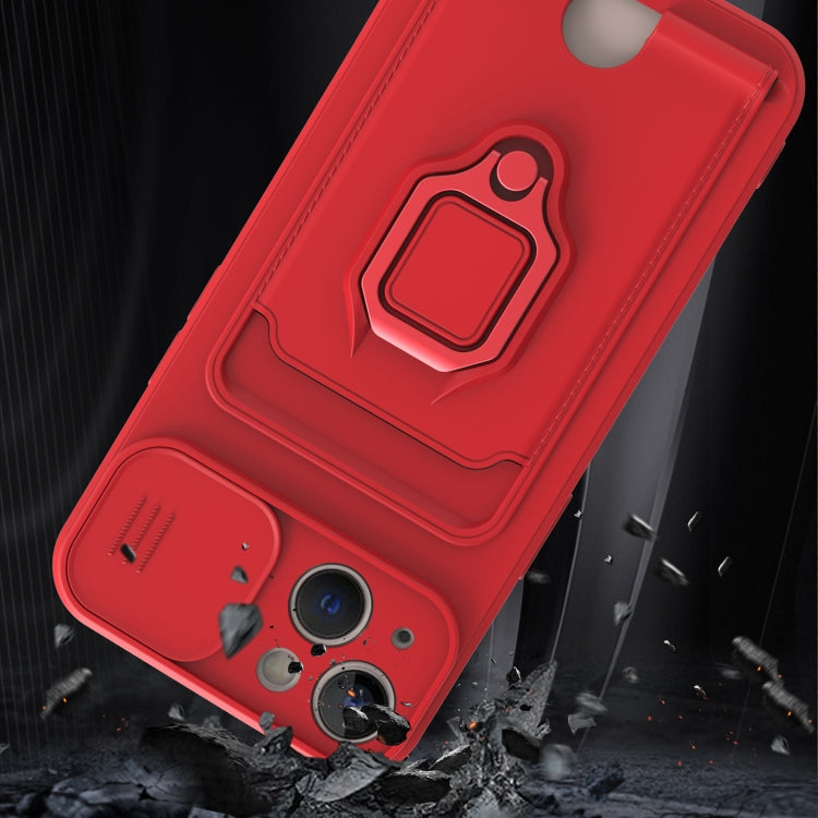 For iPhone 13 Sliding Camera Cover Design TPU Shockproof Phone Case with Holder & Card Slots