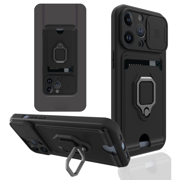 For iPhone 13 Pro Sliding Camera Cover Design TPU Shockproof Phone Case with Holder & Card Slots