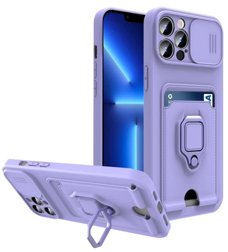 For iPhone 13 Pro Max Sliding Camera Cover Design TPU Shockproof Phone Case with Holder & Card Slots