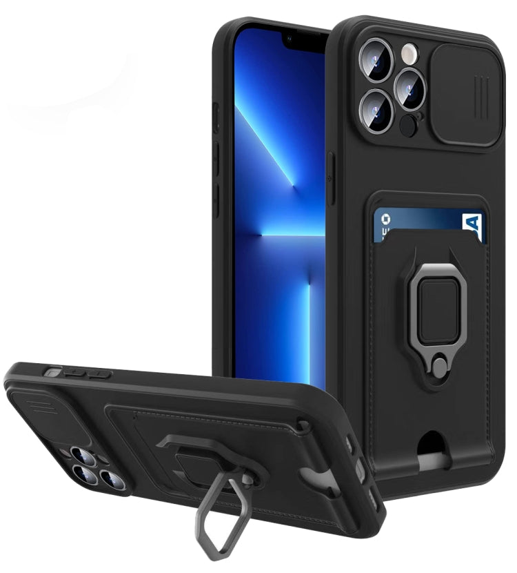 For iPhone 12 / 12 Pro Sliding Camera Cover Design TPU Shockproof Phone Case with Holder & Card Slots
