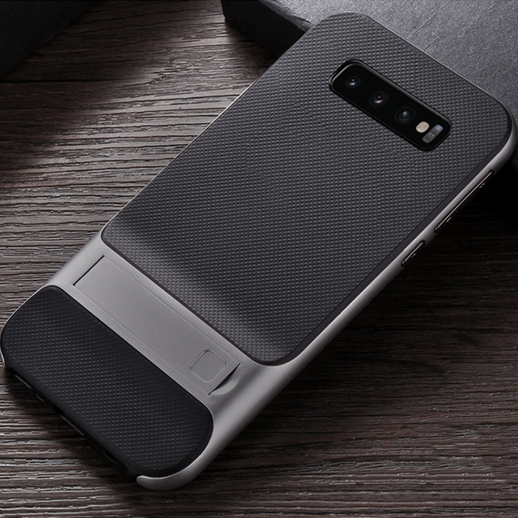 For Galaxy S10 5G Plaid Texture Non-slip TPU + PC Case with Holder