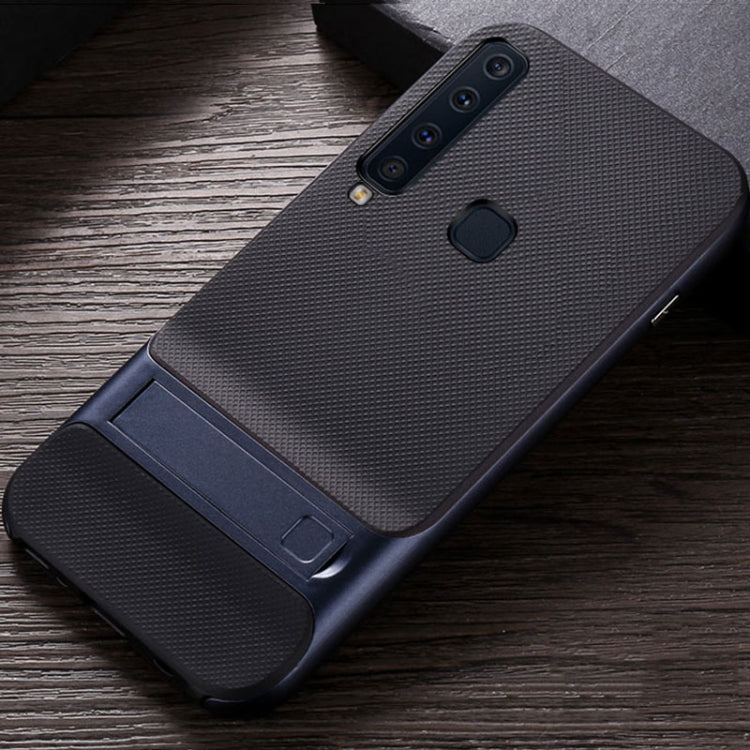 For Galaxy A9(2018) Plaid Texture Non-slip TPU + PC Case with Holder