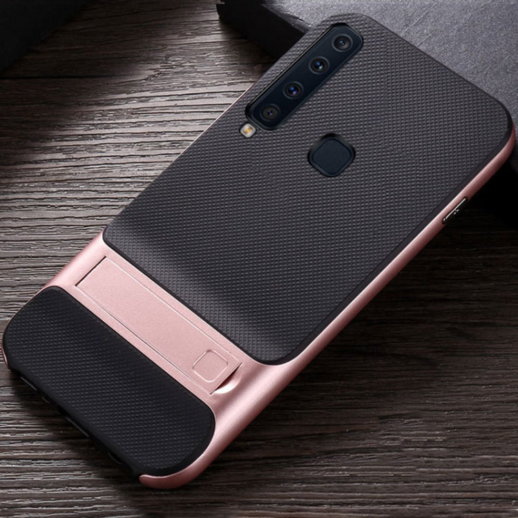 For Galaxy A9(2018) Plaid Texture Non-slip TPU + PC Case with Holder