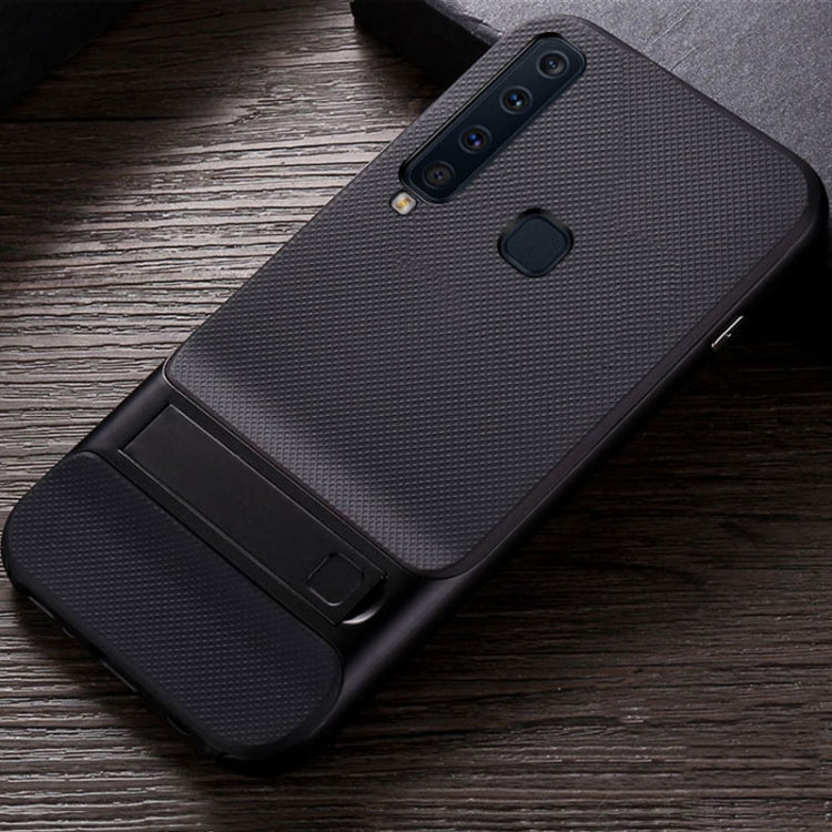 For Galaxy A9(2018) Plaid Texture Non-slip TPU + PC Case with Holder