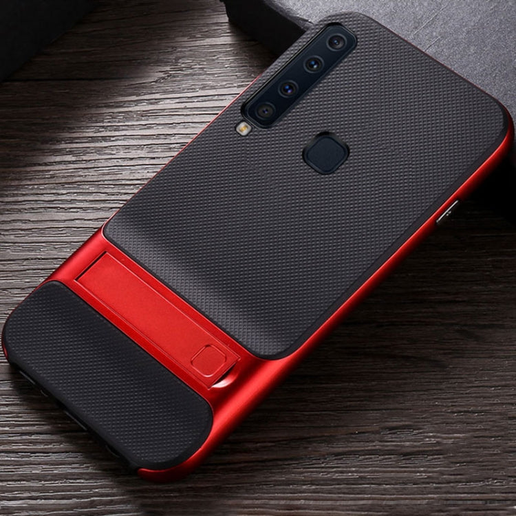 For Galaxy A9(2018) Plaid Texture Non-slip TPU + PC Case with Holder