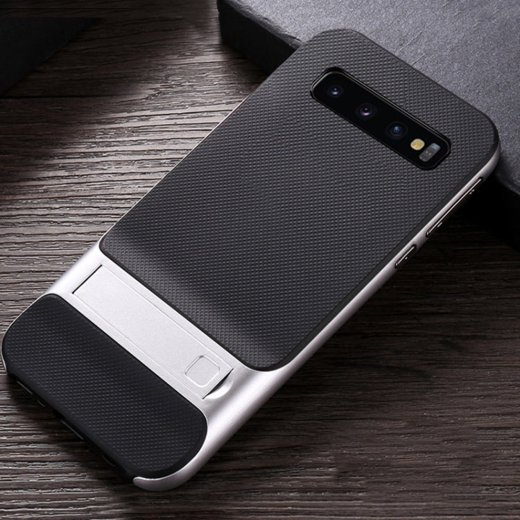 For Galaxy S10+ Plaid Texture Non-slip TPU + PC Case with Holder