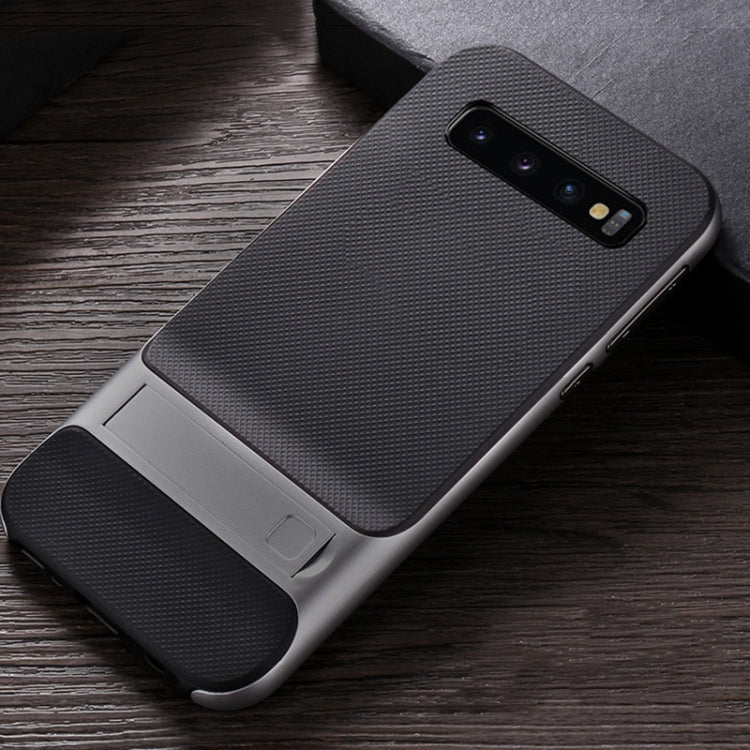 For Galaxy S10+ Plaid Texture Non-slip TPU + PC Case with Holder
