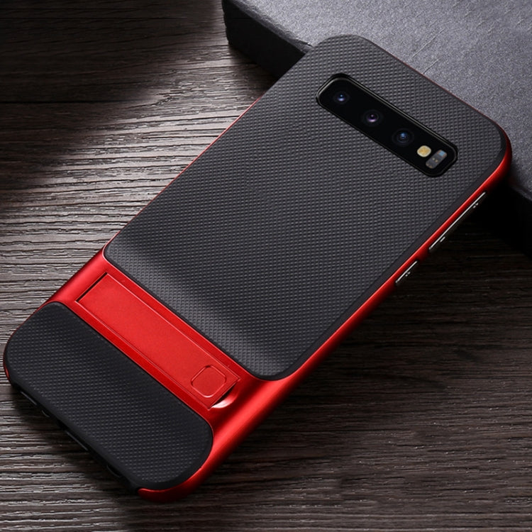 For Galaxy S10+ Plaid Texture Non-slip TPU + PC Case with Holder
