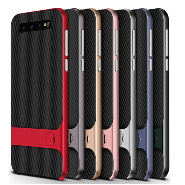 For Galaxy S10+ Plaid Texture Non-slip TPU + PC Case with Holder