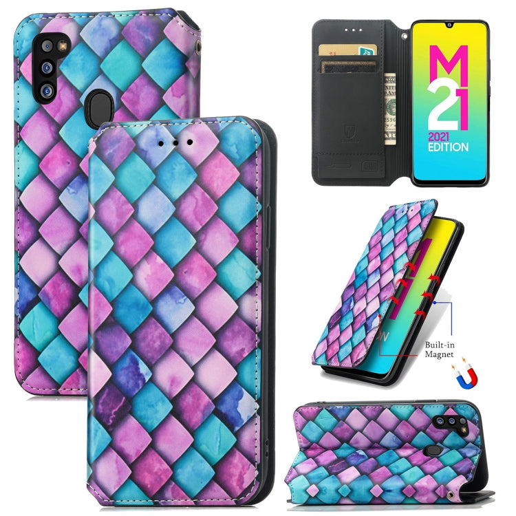 For Samsung Galaxy M21 2021 Colorful Magnetic Horizontal Flip Leather Phone Case with Holder & Card Slot & Wallet