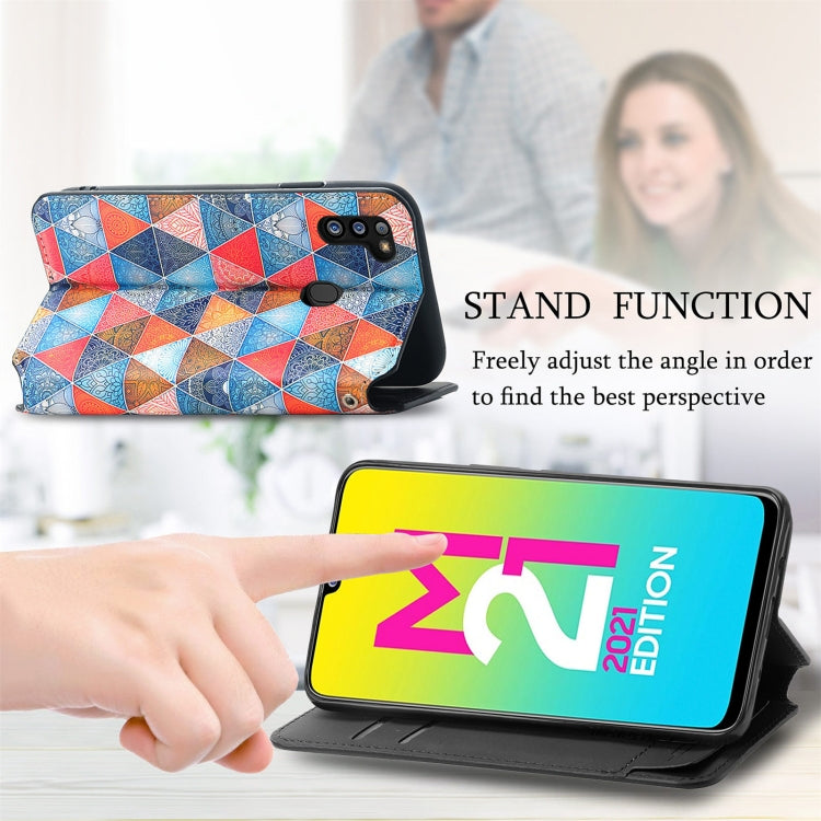 For Samsung Galaxy M21 2021 Colorful Magnetic Horizontal Flip Leather Phone Case with Holder & Card Slot & Wallet