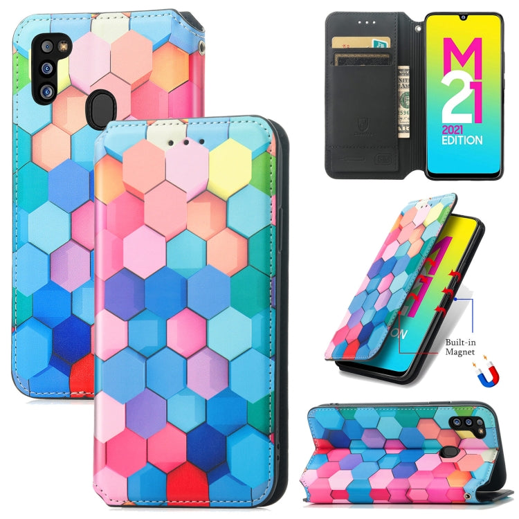 For Samsung Galaxy M21 2021 Colorful Magnetic Horizontal Flip Leather Phone Case with Holder & Card Slot & Wallet
