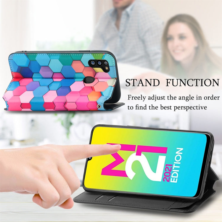 For Samsung Galaxy M21 2021 Colorful Magnetic Horizontal Flip Leather Phone Case with Holder & Card Slot & Wallet