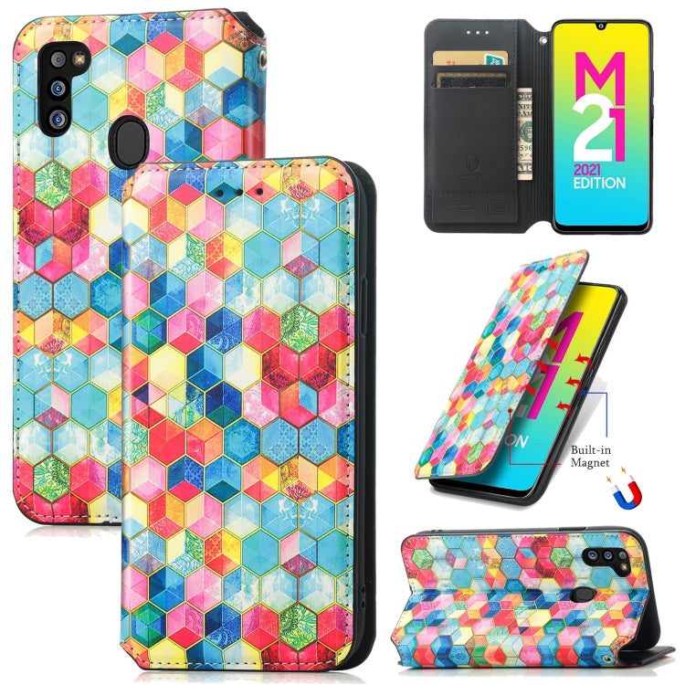 For Samsung Galaxy M21 2021 Colorful Magnetic Horizontal Flip Leather Phone Case with Holder & Card Slot & Wallet